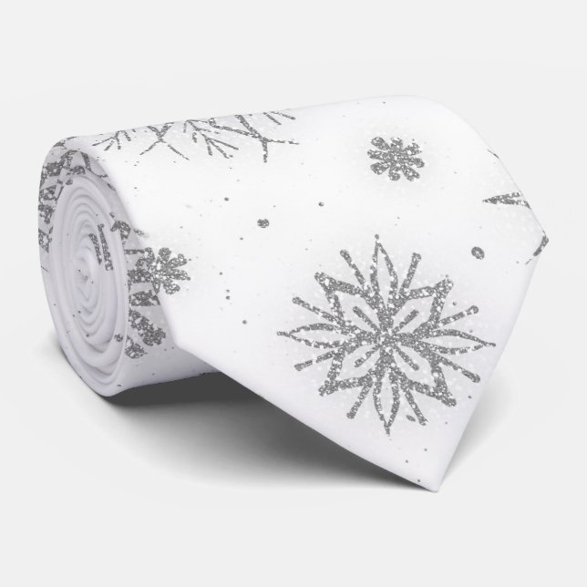 Silver Snowflakes White Design Tie (Rolled)