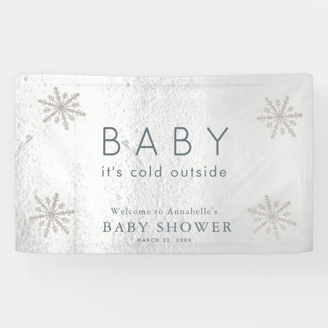 Silver Snowflakes White Snow Baby Shower Welcome Banner (Horizontal)