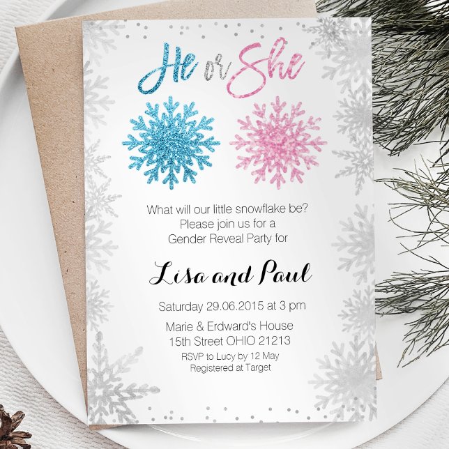 Silver Snowflakes Winter gender reveal invitation (Creator Uploaded)