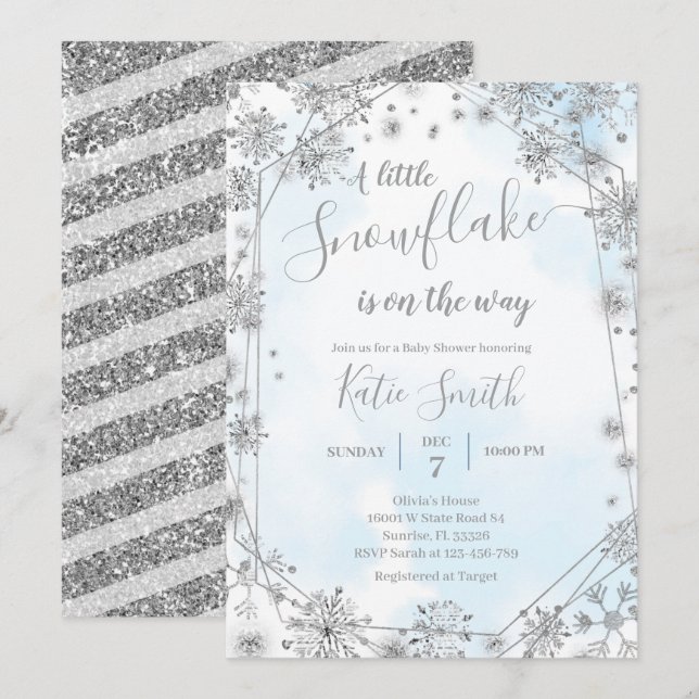Silver Snowflakes Winter On The Way Baby Shower  I Invitation (Front/Back)