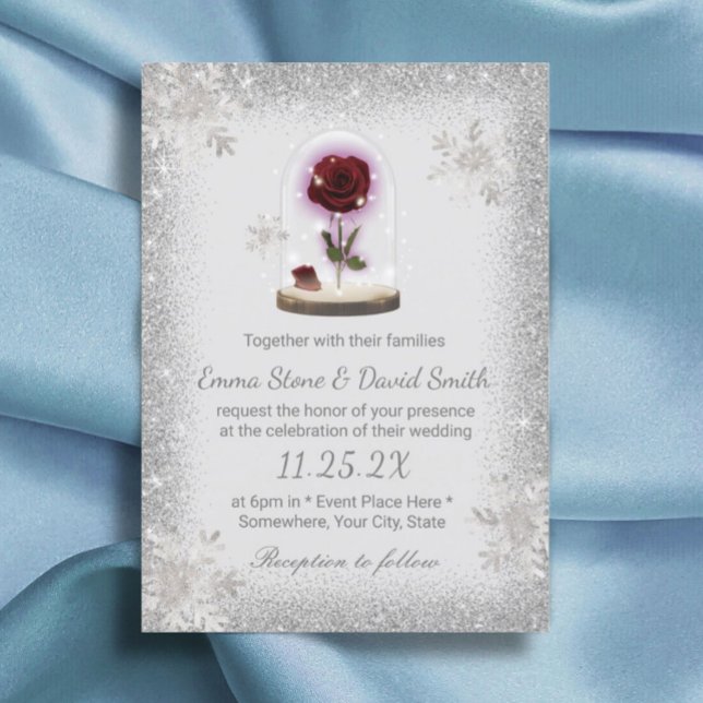 Silver Snowflakes Winter Wedding Beauty Rose Dome Invitation (Creator Uploaded)