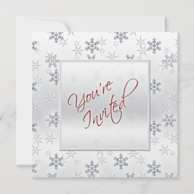 Silver Snowflakes with Red Holiday Party Invite (Front)
