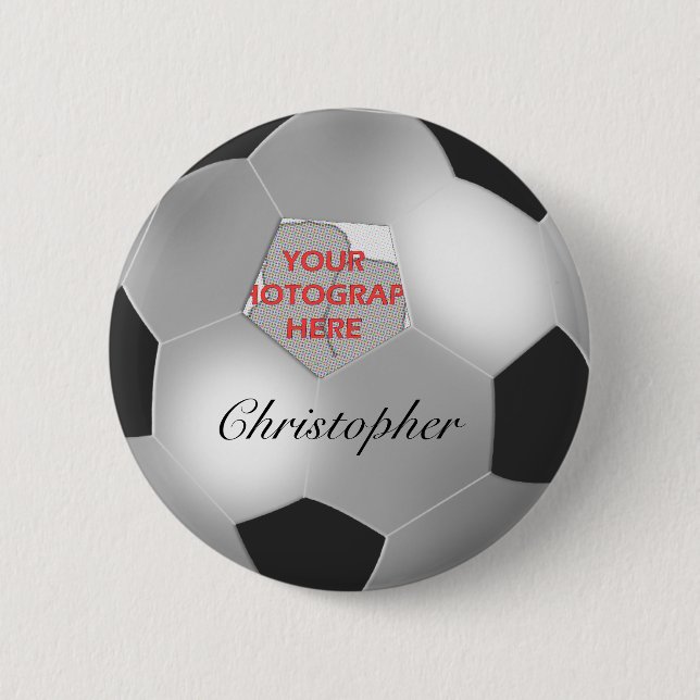 Silver Soccer ball customisable photo frame 6 Cm Round Badge (Front)