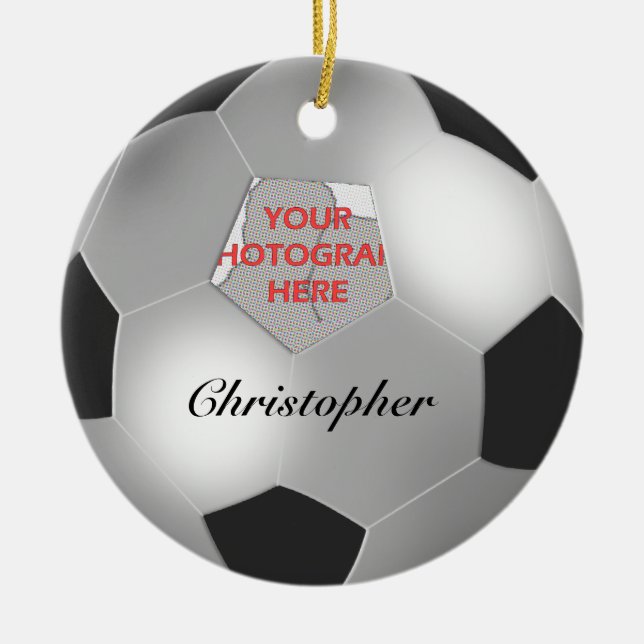Silver Soccer ball customisable photo frame Ceramic Ornament (Front)