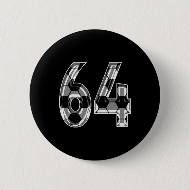 Silver Soccer Pattern Number 64 Jersey Player Unif 6 Cm Round Badge (Front)