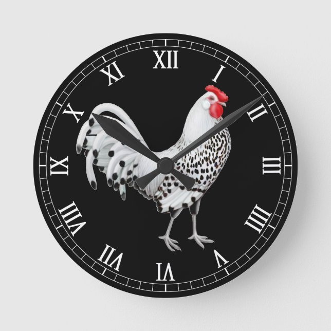 Silver Spangled Hamburg Rooster Wall Clock (Front)