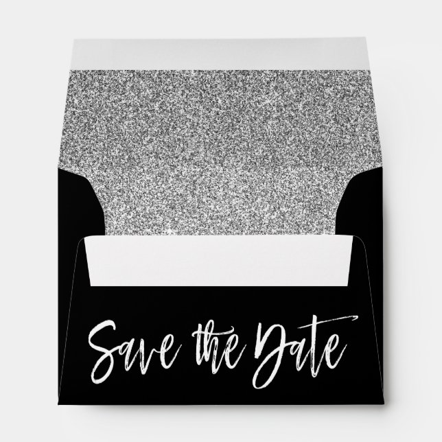 Silver Sparkle Black & White Save the Date Envelopes (Back (Bottom))