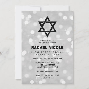 Silver Sparkle Bokeh Bat Mitzvah and Star of David Invitation