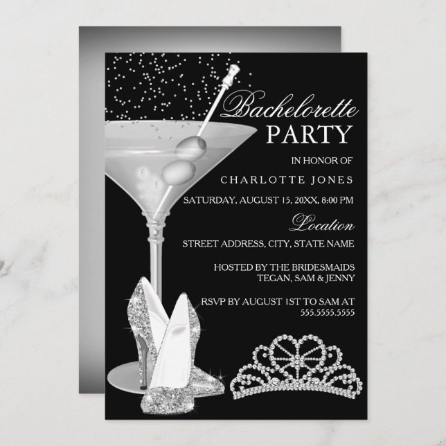 Silver Sparkle Cocktail Bachelorette Party Invitation (Front/Back)