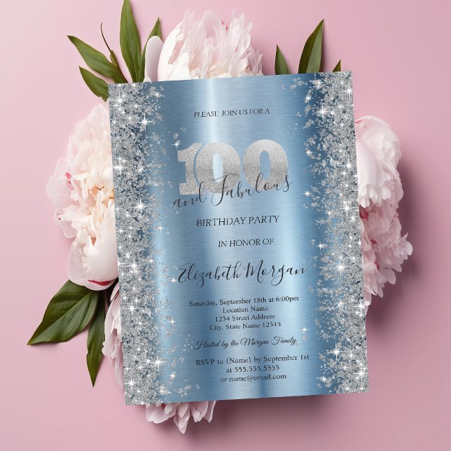 Silver Sparkle Diamonds Blue 100th Birthday   Invitation (Creator Uploaded)