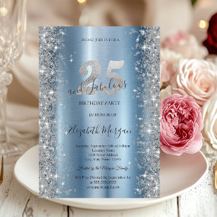 Silver Sparkle Diamonds Blue 25th Birthday   Invitation