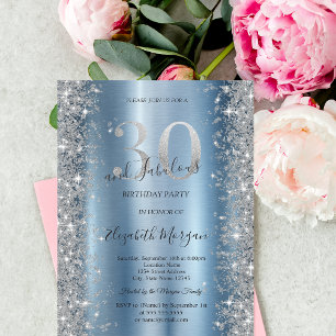 Silver Sparkle Diamonds Blue 30th Birthday Invitation