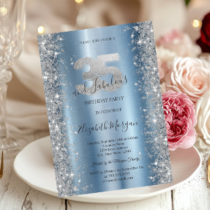 Silver Sparkle Diamonds Blue 35th Birthday   Invitation