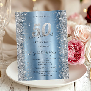 Silver Sparkle Diamonds Blue 50th Birthday   Invitation