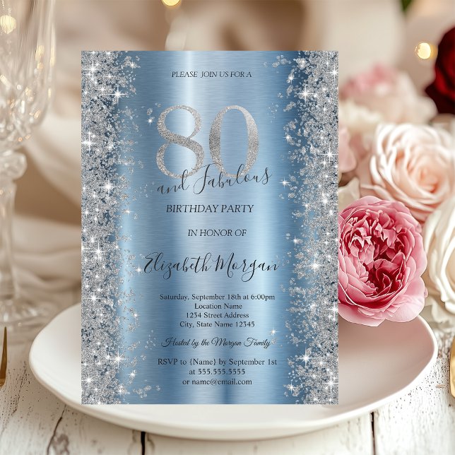 Silver Sparkle Diamonds Blue 80th Birthday   Invitation (Creator Uploaded)