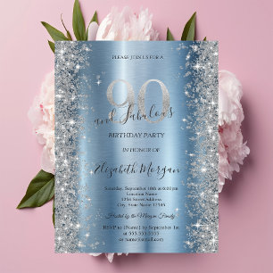 Silver Sparkle Diamonds Blue 90th Birthday Invitation