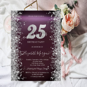 Silver Sparkle Diamonds Burgundy 25th Birthday   Invitation