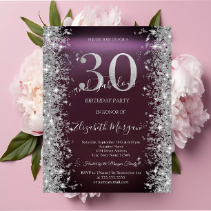 Silver Sparkle Diamonds Burgundy 30th Birthday   Invitation