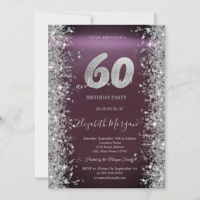 Silver Sparkle Diamonds Burgundy 60th Birthday   Invitation (Front)