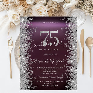 Silver Sparkle Diamonds Burgundy 75th Birthday   Invitation