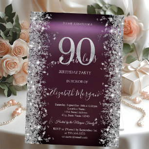 Silver Sparkle Diamonds Burgundy 90th Birthday   Invitation