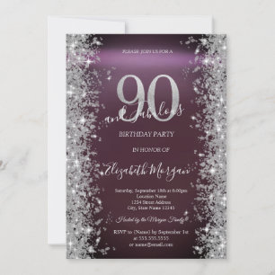 Silver Sparkle Diamonds Burgundy 90th Birthday   Invitation
