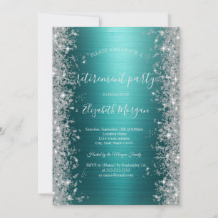 Silver Sparkle Diamonds Green Metallic Retirement Invitation