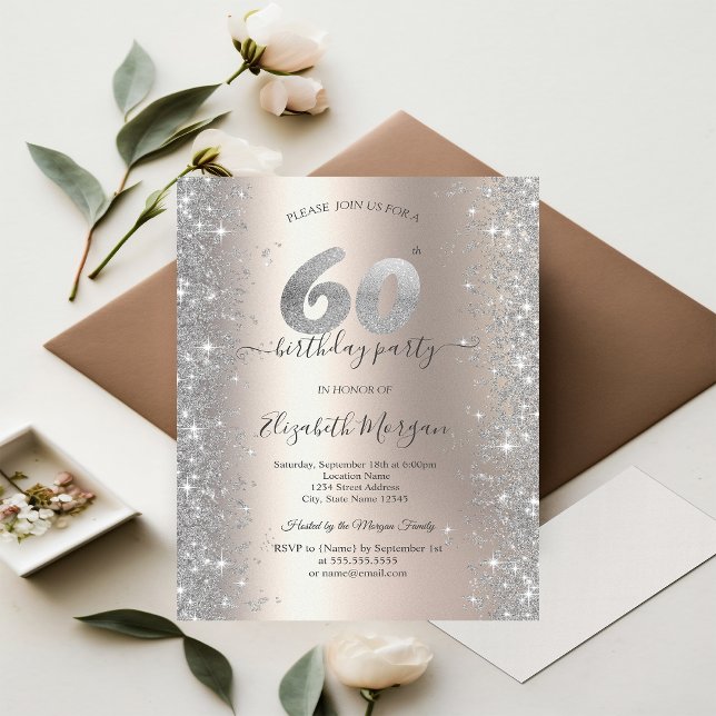 Silver Sparkle Diamonds Ivory 60th Birthday Party Invitation (Creator Uploaded)
