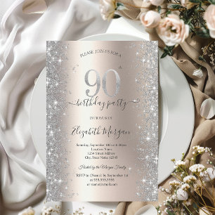 Silver Sparkle Diamonds Ivory 90th Birthday Party Invitation