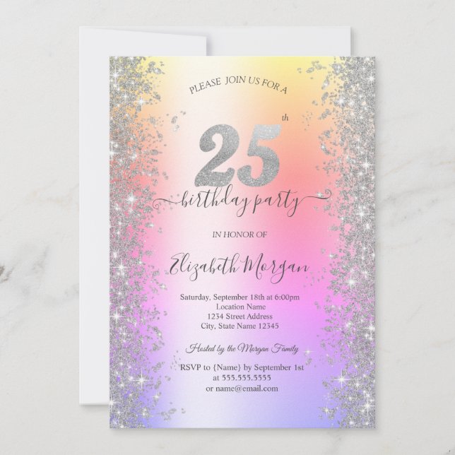 Silver Sparkle Diamonds Ombre 25th Birthday Party Invitation (Front)