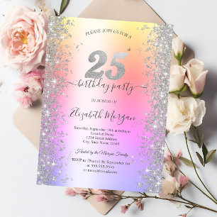 Silver Sparkle Diamonds Ombre 25th Birthday Party Invitation
