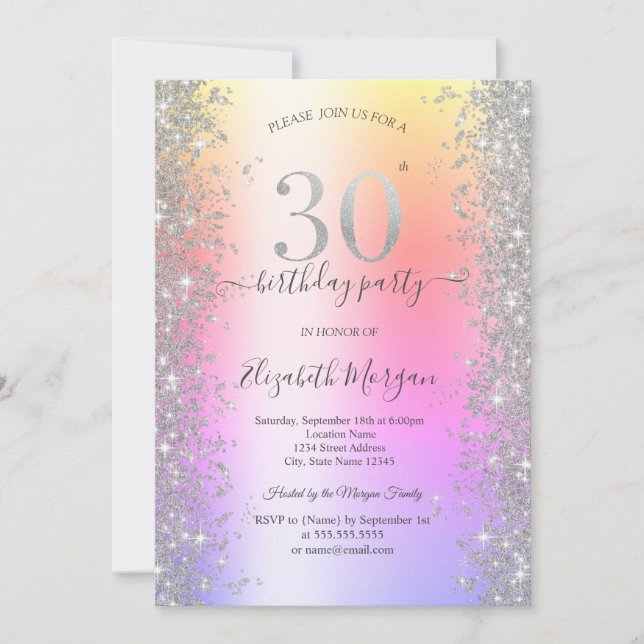 Silver Sparkle Diamonds Ombre 30th Birthday Party Invitation (Front)