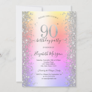 Silver Sparkle Diamonds Ombre 90th Birthday Party Invitation