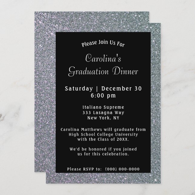 Silver Sparkle Dinner Black Graduation Invitation (Front/Back)