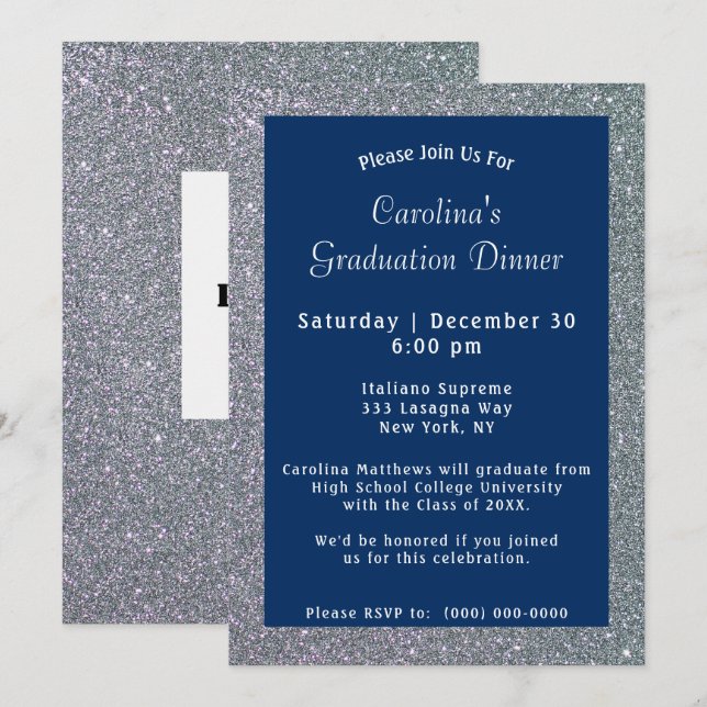 Silver Sparkle Dinner Blue Graduation Invitation (Front/Back)