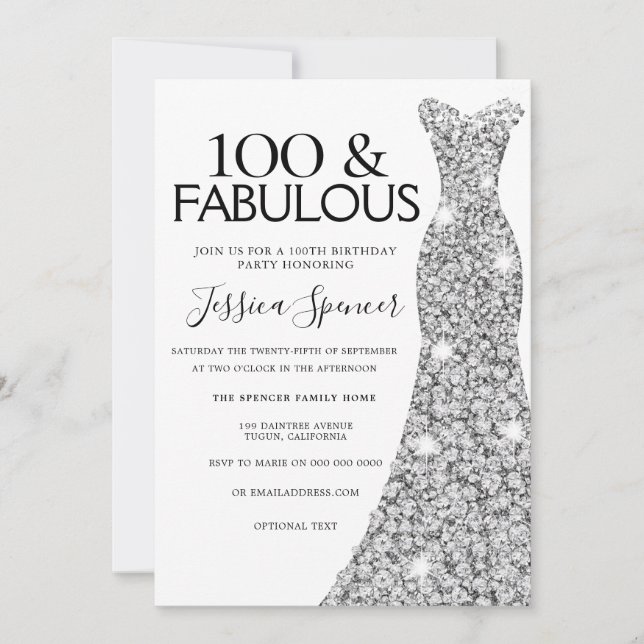 Silver Sparkle Dress 100 & Fabulous 100th Birthday Invitation (Front)