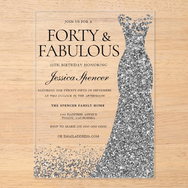 Silver Sparkle Dress 40th Birthday Party Acrylic Invitations (Front)