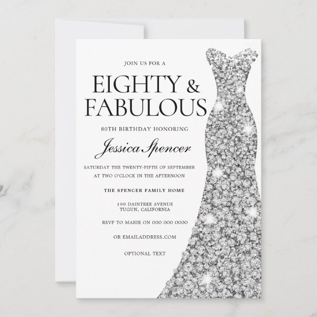 Silver Sparkle Dress 80 & Fabulous 80th Birthday Invitation (Front)