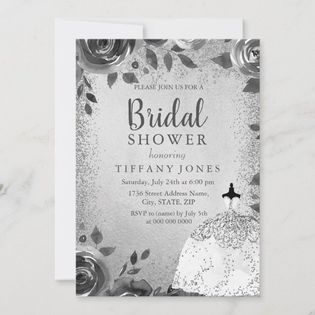 Silver Sparkle Dress Floral Bridal Shower Invite (Front)