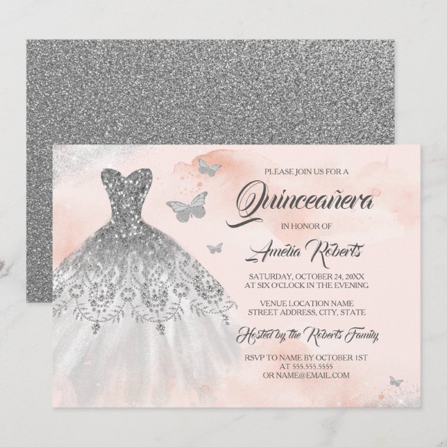 Silver Sparkle Dress Pink Watercolor Quinceanera  Invitation (Front/Back)