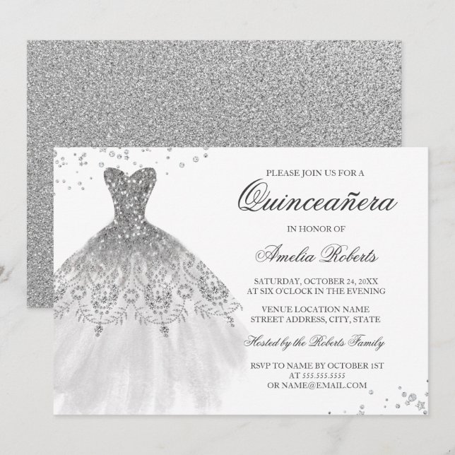 Silver Sparkle Dress Quinceanera Invitation (Front/Back)