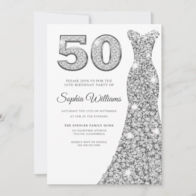 Silver Sparkle Dress Womans 50th Birthday Party Invitation (Front)