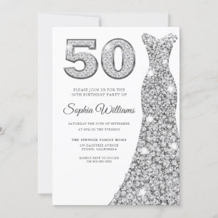 Silver Sparkle Dress Womans 50th Birthday Party Invitation