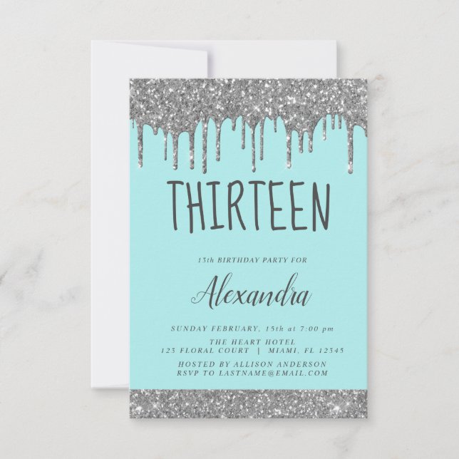 Silver Sparkle Glitter 13th Thirteen Birthday Invitation (Front)