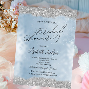 Silver Sparkle Glitter Blue Bridal Shower Invitation