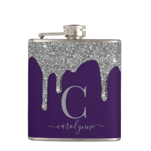 Silver Sparkle Glitter Drips on Purple Monogram Hip Flask