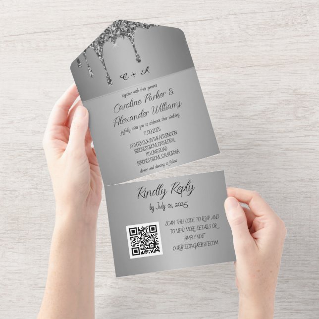 Silver Sparkle Glitter Grey Script RSVP QR Code All In One Invitation (Tearaway)