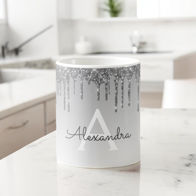 Silver Sparkle Glitter Luxury Monogram Name Coffee Mug (Creator Uploaded)