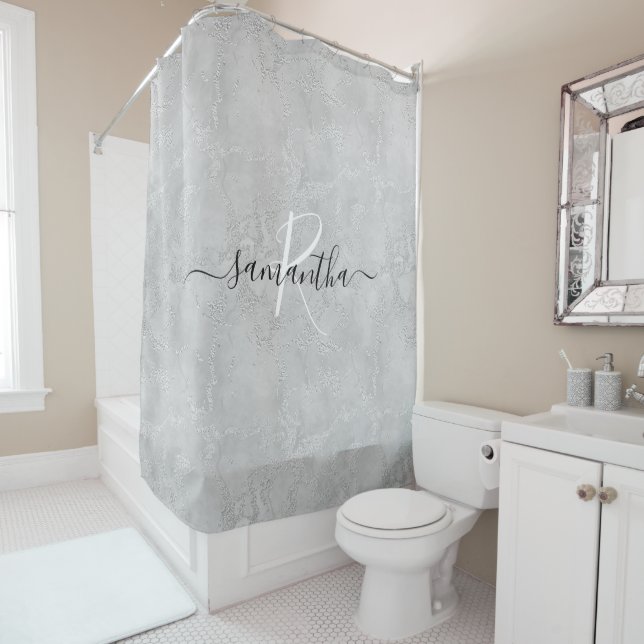 Silver Sparkle Glitter Marble Monogram Name Shower Curtain (In Situ)