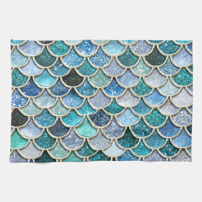 Silver Sparkle Glitter Mermaid Scales Tea Towel (Horizontal)